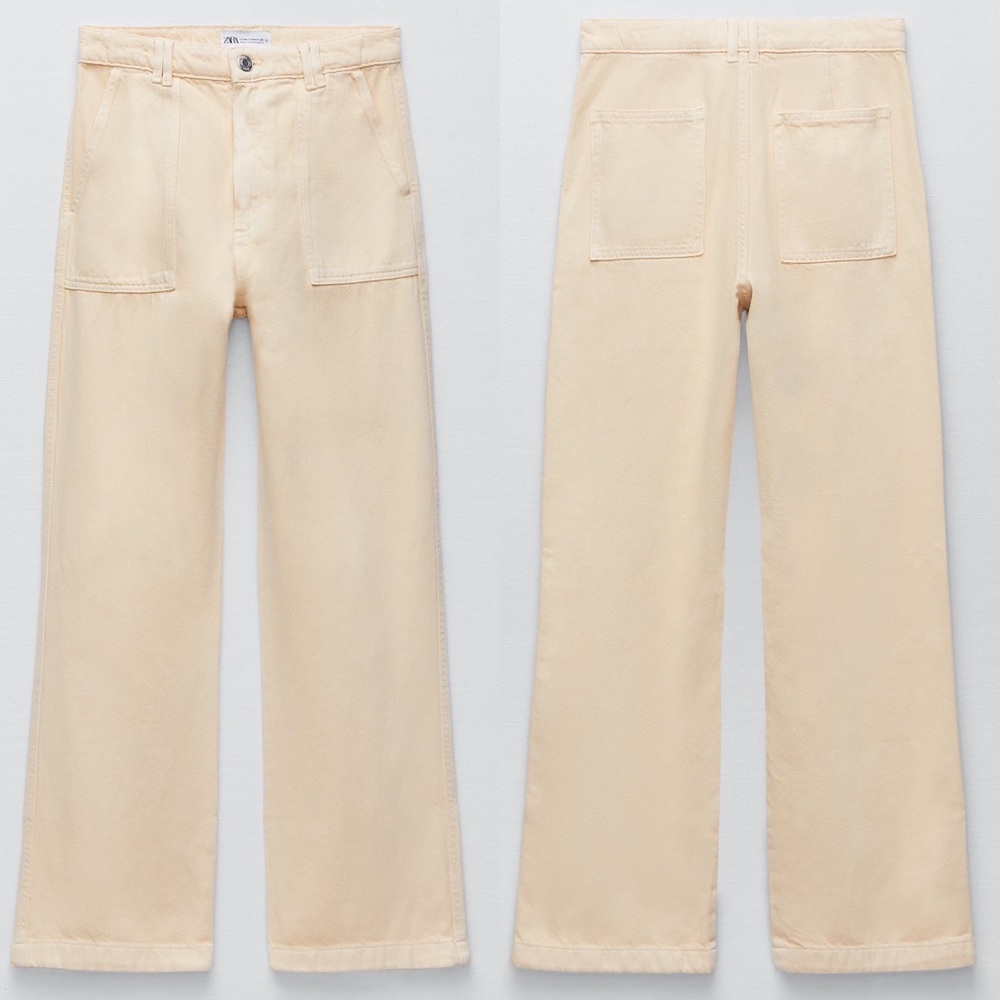 Zara WIDE LEG JEAN PANTS Beige/Light Yellow Color Size L NEW